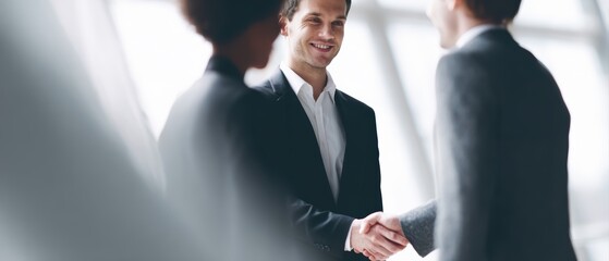Obraz premium young business people shaking hands in office after successful meeting, three professionals, panoramic banner