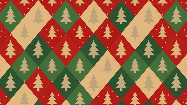 Seamless Christmas pattern featuring stylized pine trees in red, green, and beige diamond shapes, festive retro style, perfect for wrapping paper, textiles, backgrounds, and holiday designs.
