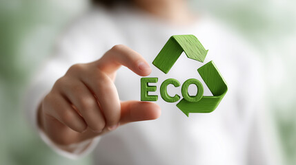 close up of a child's hand touching a floating green recycle symbol, eco-friendly business concept of environmental responsibility, sustainable future and recycling awareness for next generation
