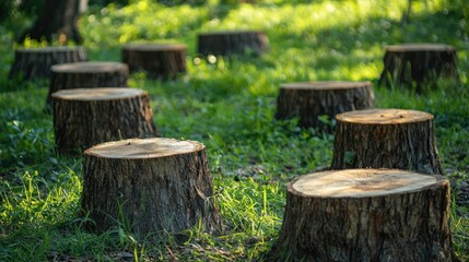 Fototapeta premium A group of tree stumps in a grassy field with sunlight filtering through the trees.