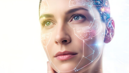 Futuristic Biometric Scan of Woman's Face with Glowing AI Circuitry and Neural Network Lines on White Background