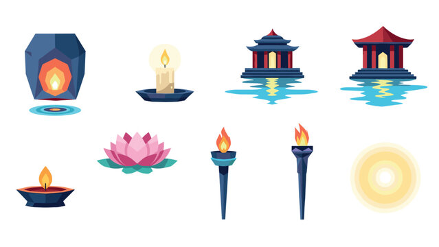 Traditional asian lanterns and temples with floral and flame elements