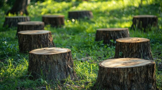 A group of tree stumps in a grassy field with sunlight filtering through the trees.