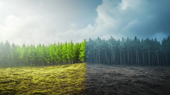 Half of a forest with green trees and half with dead trees and grass, representing the concept of deforestation. - Powered by Adobe