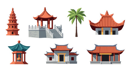 Fototapeta premium Traditional asian architecture collection: pagodas and temples with vibrant roof designs
