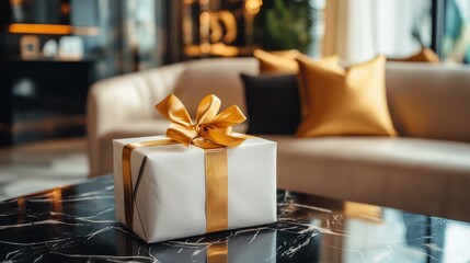 A beautifully wrapped gift box with a gold ribbon on a marble table in a luxurious living room.