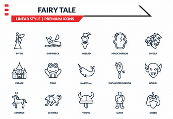 fairy tale icons set - myth, shipwreck, palace, viking, queen outline vector collection. © IconArt