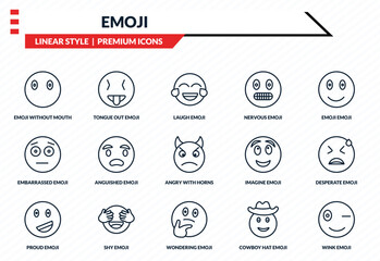Fototapeta premium emoji icons set - emoji without mouth, tongue out emoji, embarrassed wondering wink outline vector collection.