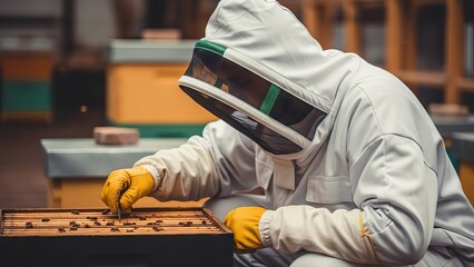Beekeeper in protective suit inspecting honeycomb