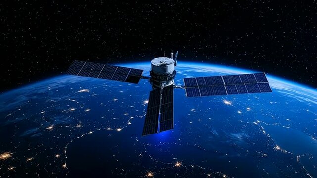 Satellite in orbit around Earth with solar panels deployed in space