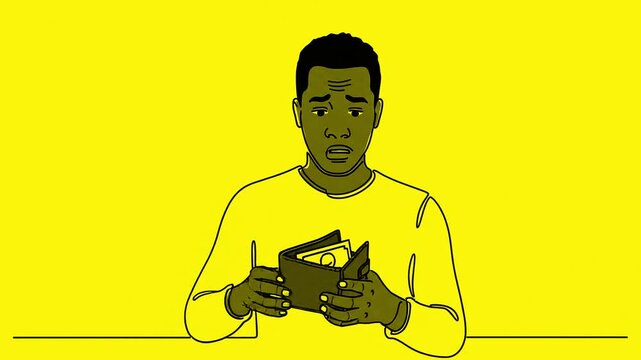 Desperate man feeling anxious looking at empty wallet, suffering from financial stress, debt burden Flat 2D vector outline illustration animation motion graphics Clean solid background