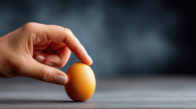 A human hand delicately holds a single brown egg upright on a dark surface. Minimalist concept of fragility and balance with copy space