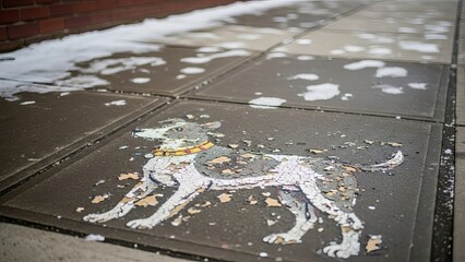 Snow covered sidewalk with dog design