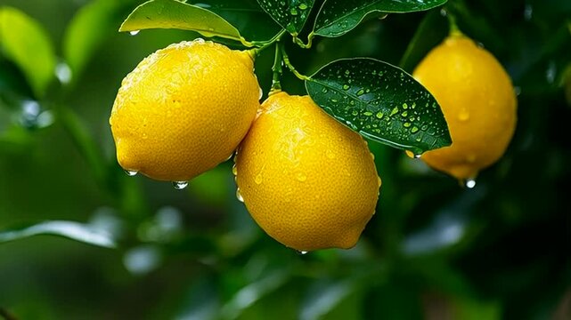 Fresh lemons hanging from tree with green leaves and water droplets