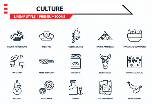 culture icons set - beijing roast duck, meat pie, pico cao, orujo, fried shrimp outline vector collection.