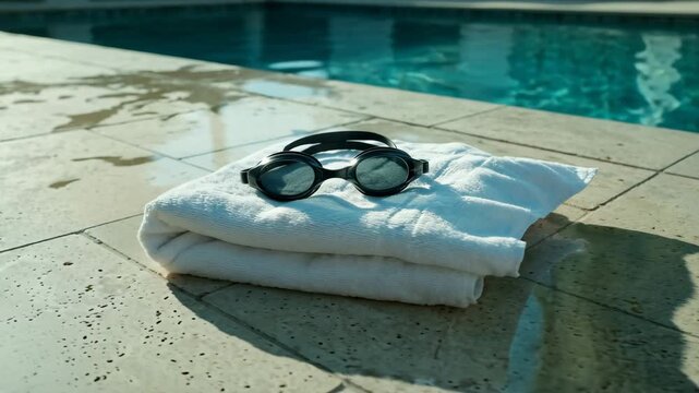 Swimming goggles resting on white towel on sunlit pool deck