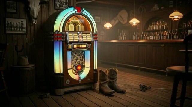 Vintage jukebox in a rustic western bar interior