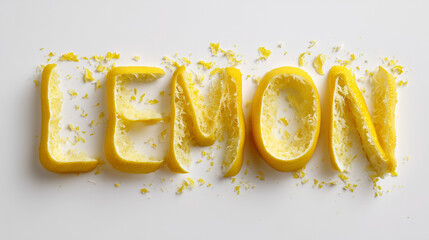 creative food art typography spelling lemon made of fresh citrus slices, bright yellow fruit lettering on white background, minimalist organic lemon slice text design