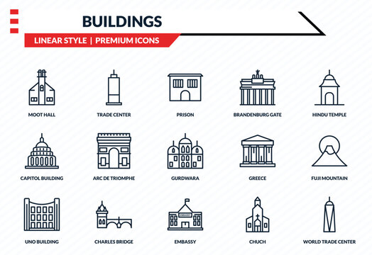 buildings icons set - moot hall, trade center, capitol building, embassy, world trade center outline vector collection.