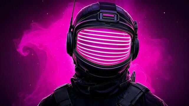Futuristic space soldier with neon pink helmet in cosmic background