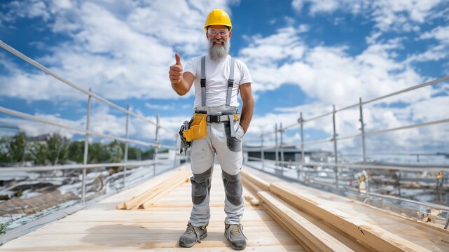 Bauarbeiter mit Helm und Warnweste auf Baustelle unter blauem Himmel h&auml;lt Daumen hoch
