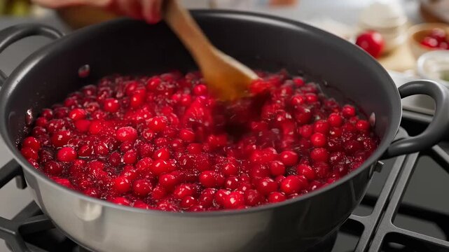 Fresh cranberries cooking in pot on stove. Close up macro shot with steam and wooden spoon. Food concept.