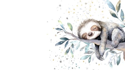 Fototapeta premium Watercolor Illustration Cute Baby Sloth Sleeping on Tree Branch Watercolor Illustration. Whimsical Nursery Art and Wildlife Concept. Sleeping sloth on a tree branch with a celestial pastel background.