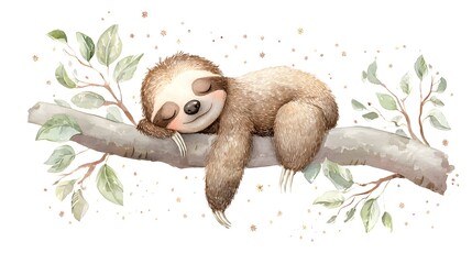 Fototapeta premium Watercolor Illustration Cute Baby Sloth Sleeping on Tree Branch Watercolor Illustration. Whimsical Nursery Art and Wildlife Concept. Sleeping sloth on a tree branch with a celestial pastel background.