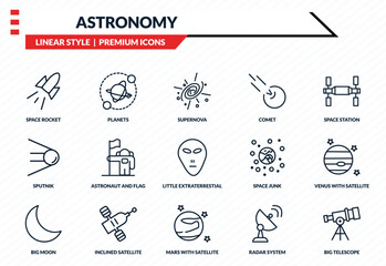 astronomy icons set - space rocket, planets, sputnik, mars with satellite, big telescope outline vector collection. © IconArt