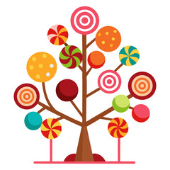 Vector illustration of a tree decorated with various chocolates and lollipops