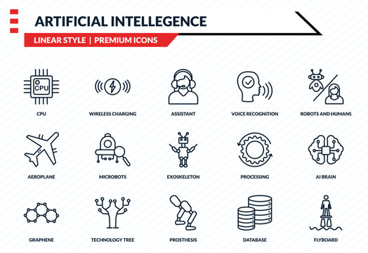 artificial intellegence icons set - cpu, wireless charging, aeroplane, prosthesis, flyboard outline vector collection.