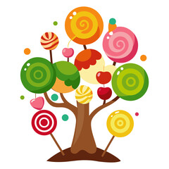 Vector illustration of a tree decorated with various chocolates and lollipops