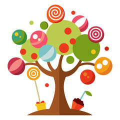 Vector illustration of a tree decorated with various chocolates and lollipops
