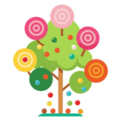 Vector illustration of a tree decorated with various chocolates and lollipops