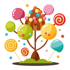 Vector illustration of a tree decorated with various chocolates and lollipops