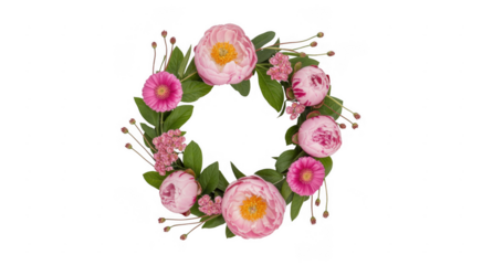 Pink flower wreath on black pink flowers floral green leaves isolated on a transparent background
