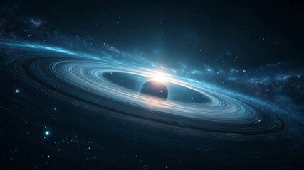 Glowing ringed planet emerging from cosmic dust in deep space - Powered by Adobe