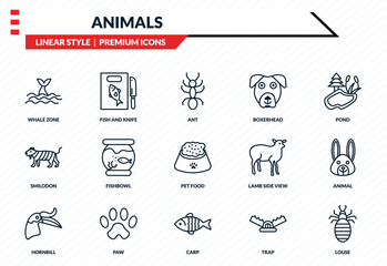 animals icons set - whale zone, fish and knife, smilodon, carp, louse outline vector collection. © IconArt