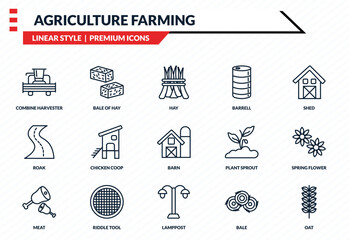 agriculture farming icons set - combine harvester, bale of hay, roak, lamppost, oat outline vector collection. © IconArt