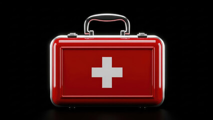 Fototapeta premium Red First Aid Kit With White Cross Symbol on Black Background Healthcare Medicine Safety Concept.png