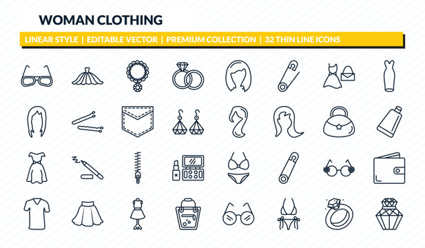 woman clothing icons set - glasses, long dress, necklace, diamond ring, parfum outline vector collection.