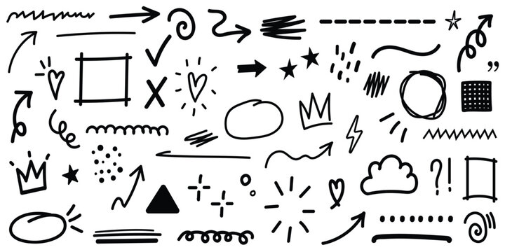 Hand drawn doodle icons and arrows set featuring a vintage sketch vector illustration collection of hand drawn business and music design elements in a line art drawing style