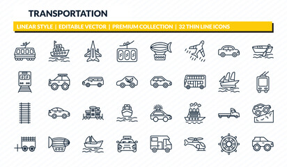 transportation icons set - light rail, tugboat, military airplane, ship helm, all terrain vehicle outline vector collection. © IconArt