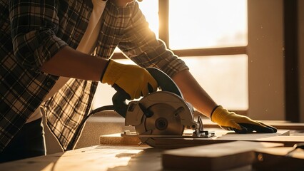 A person using a power tool to cut wood in a workshop