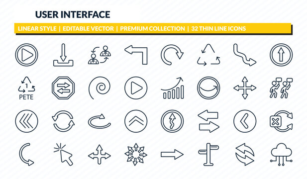 user interface icons set - play video button, download arrow, job transition, refresh arrows, cloud with connection outline vector collection.