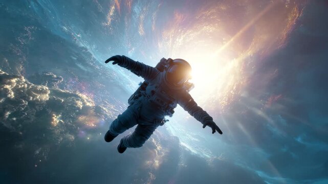 Astronaut floating toward radiant cosmic light in deep space