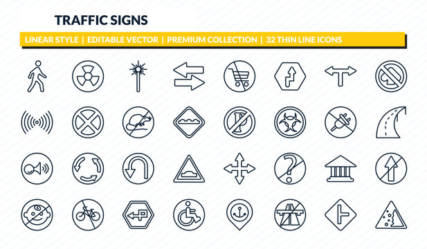 traffic signs icons set - pedestrian, nuclear, laser, side road, falling rocks outline vector collection.