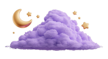 Purple cloud with a crescent moon and stars cloud with moon isolated on a transparent background