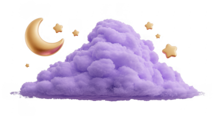 Purple cloud with a crescent moon and stars cloud with moon isolated on a transparent background
