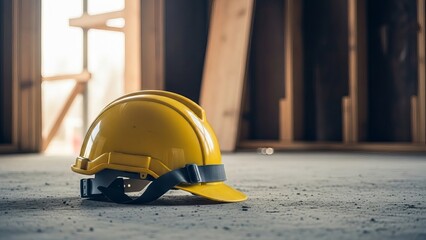 Yellow hard hat on construction site floor